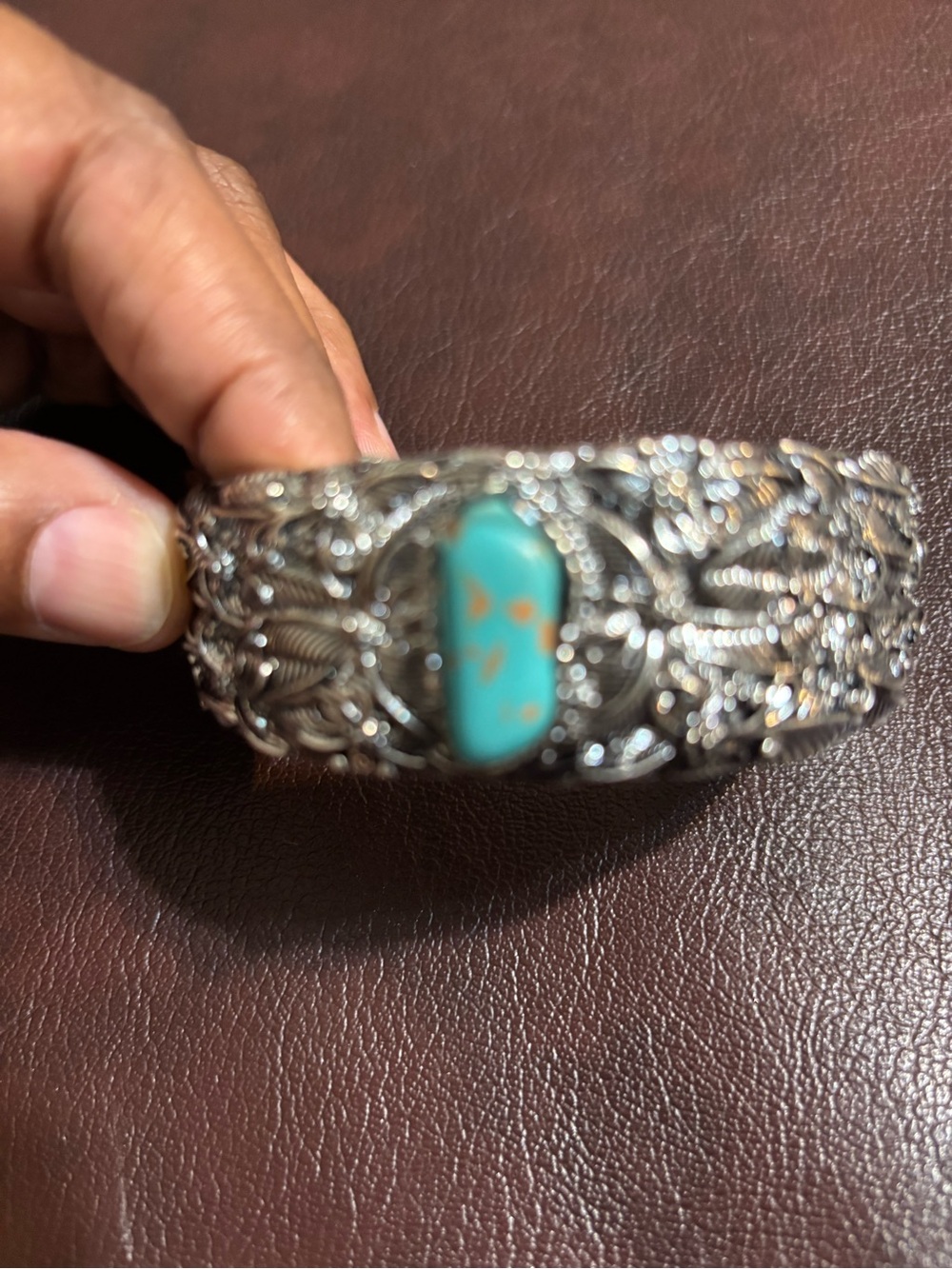Turquoise Accent Silver Filigree Cuff Bracelet - Women Jewelry